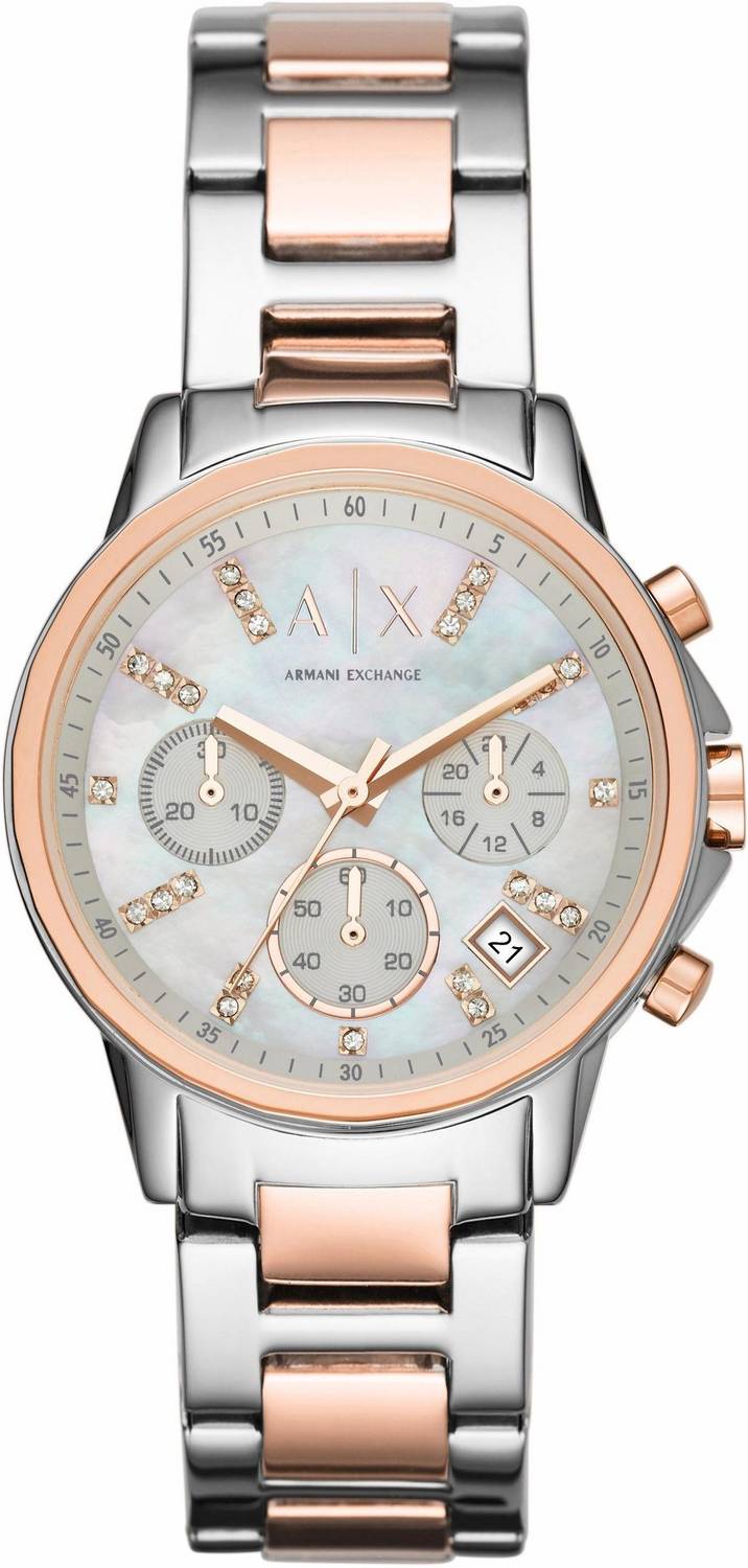 ARMANI EXCHANGE Damen Armbanduhr   36 mm Chronograph, Zifferblatt Perlmutt-Optik Armband Edelstahl AX4331