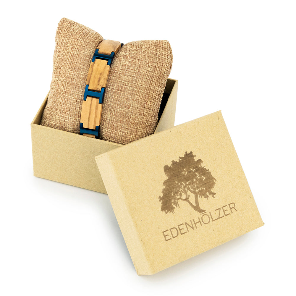 Edenhölzer Armband Holzarmband Holz Edelststahl braun blau