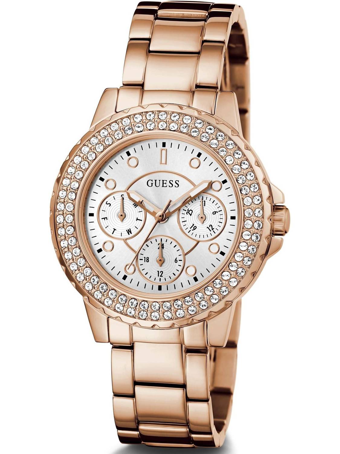 Guess Damen Armbanduhr Crown Jewel 36 mm Strasssteine auf dem Gehäuse Armband Edelstahl GW0410L3