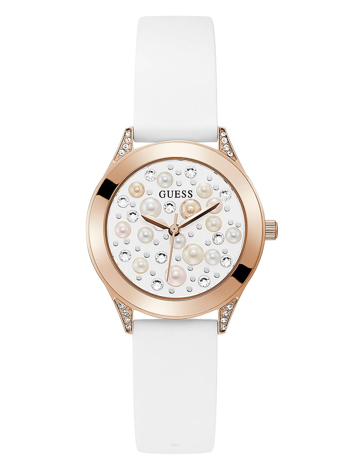 Guess Damen Armbanduhr Pearl 36 mm Perlen und Strasssteine auf dem Zifferblatt Armband Silicone GW0381L3