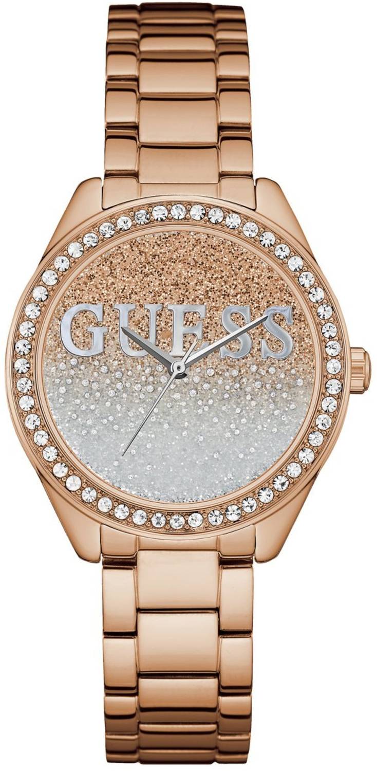 Guess Glitter Girl Damen-Armbanduhr Analog Quarz mit Armband aus Edelstahl vergoldet W0987L3