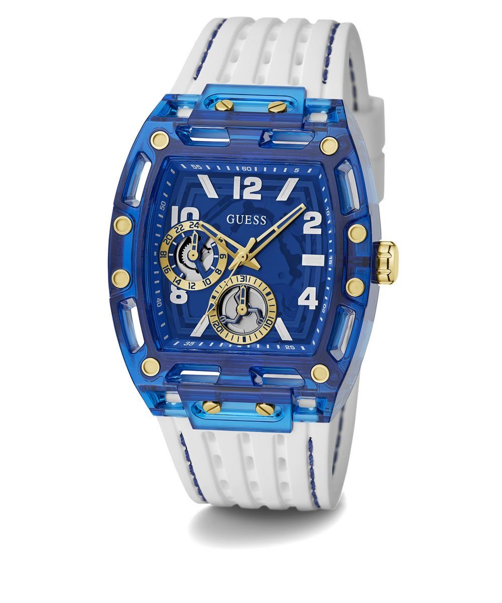 Guess Herren Armbanduhr Multifunktion Phoneix weiß, blau 43 mm GW0499G6