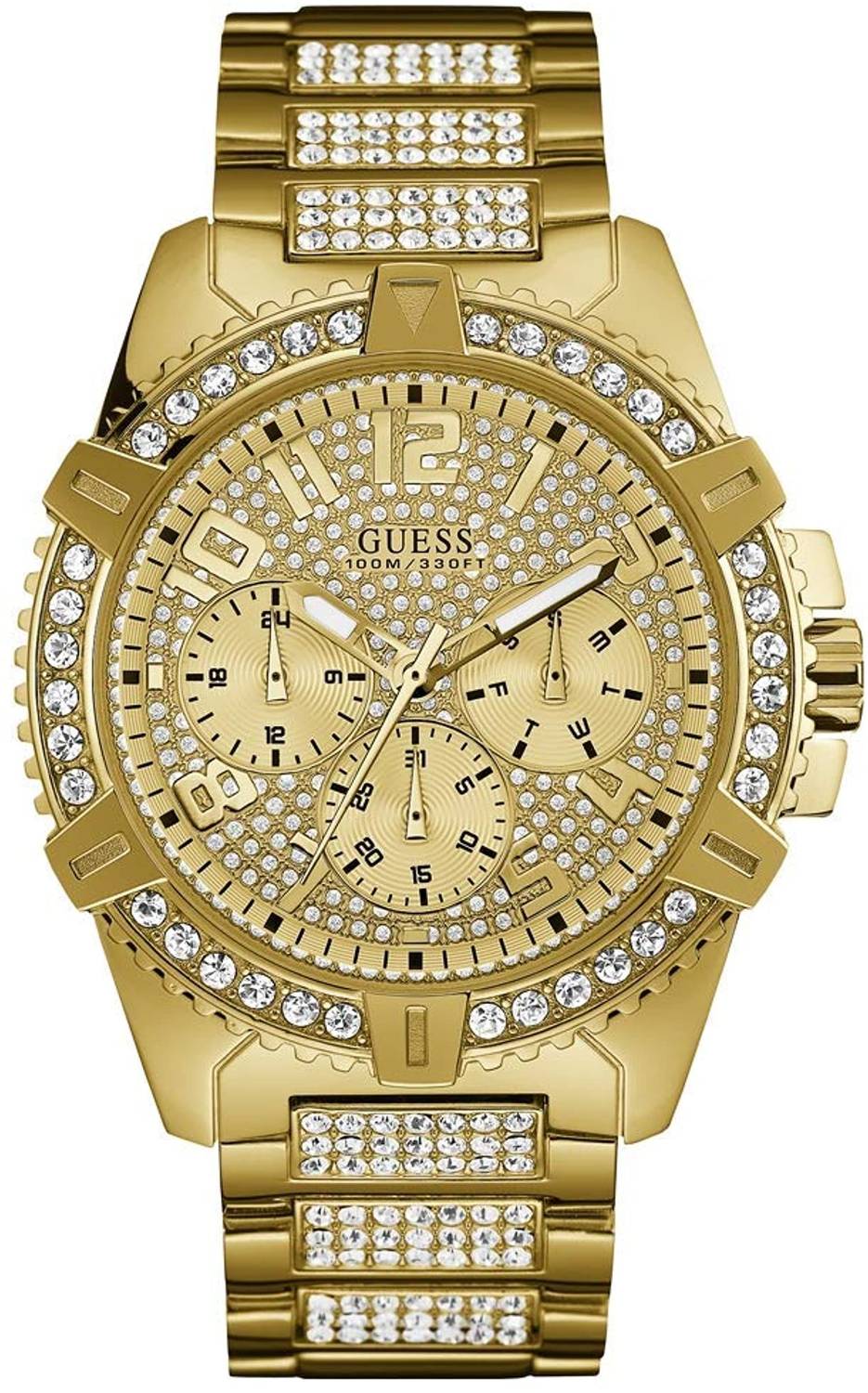 Guess Herren Armbanduhr farbe gold mit strass 48 mm Armband Edelstahl FRONTIER W0799G2