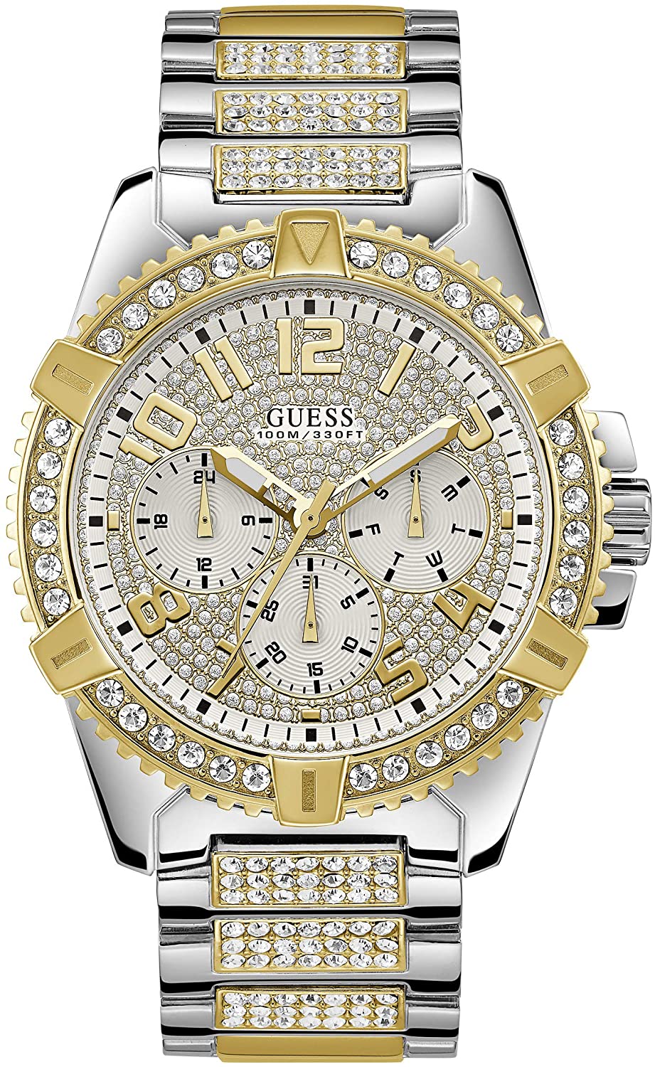 Guess Herren Armbanduhr silber/goldfarbend Zirkonia 48 mm Armband Edelstahl FRONTIER W0799G4