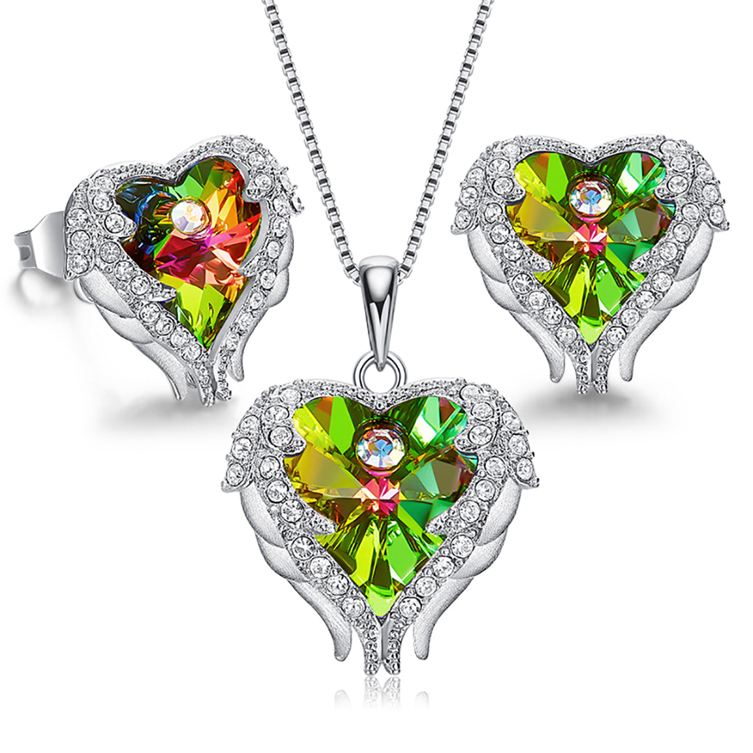 House of Louisa Damen Schmuckset Halskette und Ohrringe Silber 925 Engelsflügel Herz Anhänger Kristall von Swarovski