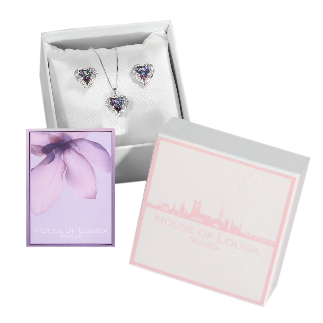 House of Louisa Damen Schmuckset Halskette und Ohrringe Silber 925 Engelsflügel Herz Anhänger Kristall von Swarovski