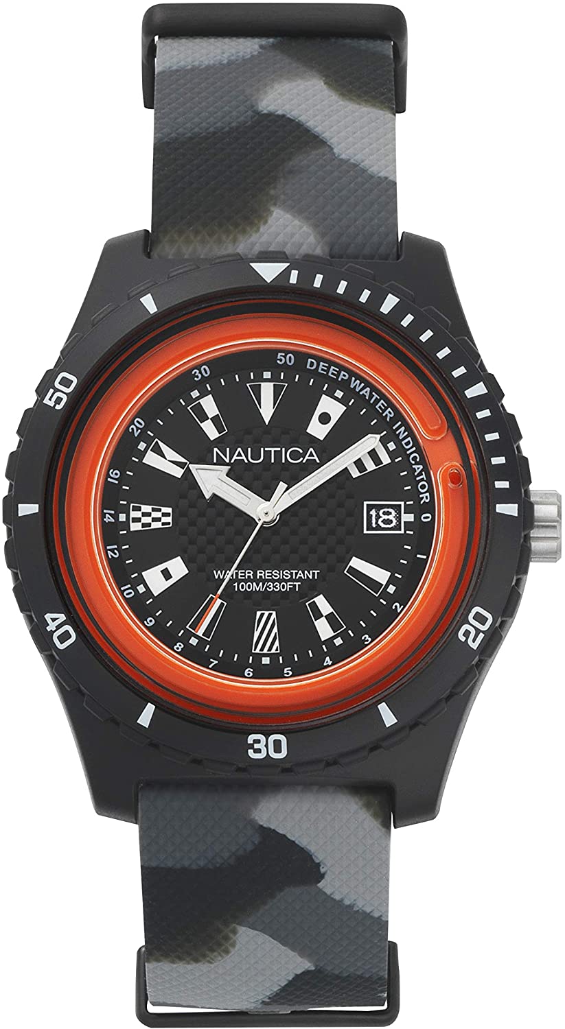 Nautica Armbanduhr Blk Resin Case, Black Dial with flags, Depth Indicator Reflector Ring, Date Movement, White Camo Nat NAPSRF005