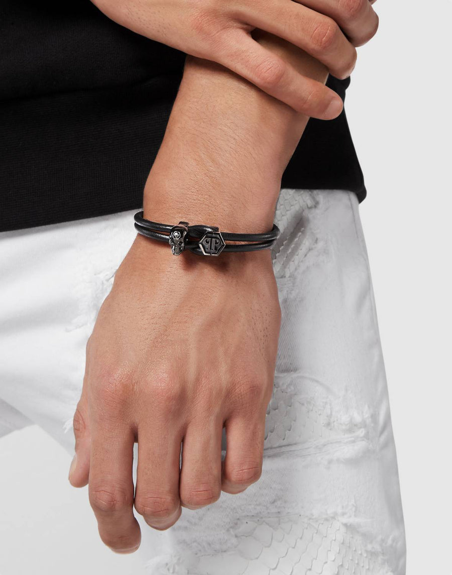 Philipp Plein Herren Armband Leder Edelstahl 3D Skull