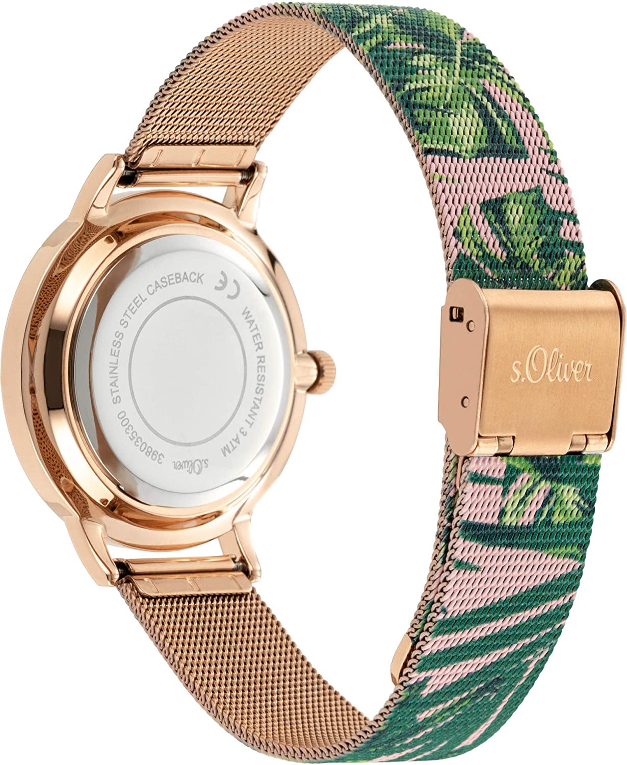 S.Oliver Damen Armbanduhr Edelstahlarmband Roségold-grün SO-3980-MQ