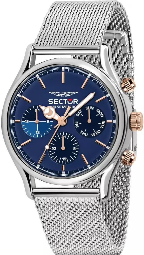 SECTOR Herren Armbanduhr Chronograph 660 43MM MULT BLUE DIAL MESH BAND SS