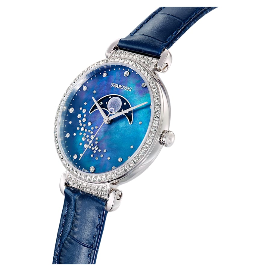 Swarovski Damen Armbanduhr Passage Moon Phase Uhr Schweizer Produktion, Mond, Lederarmband, Blau, Edelstahl 5615862