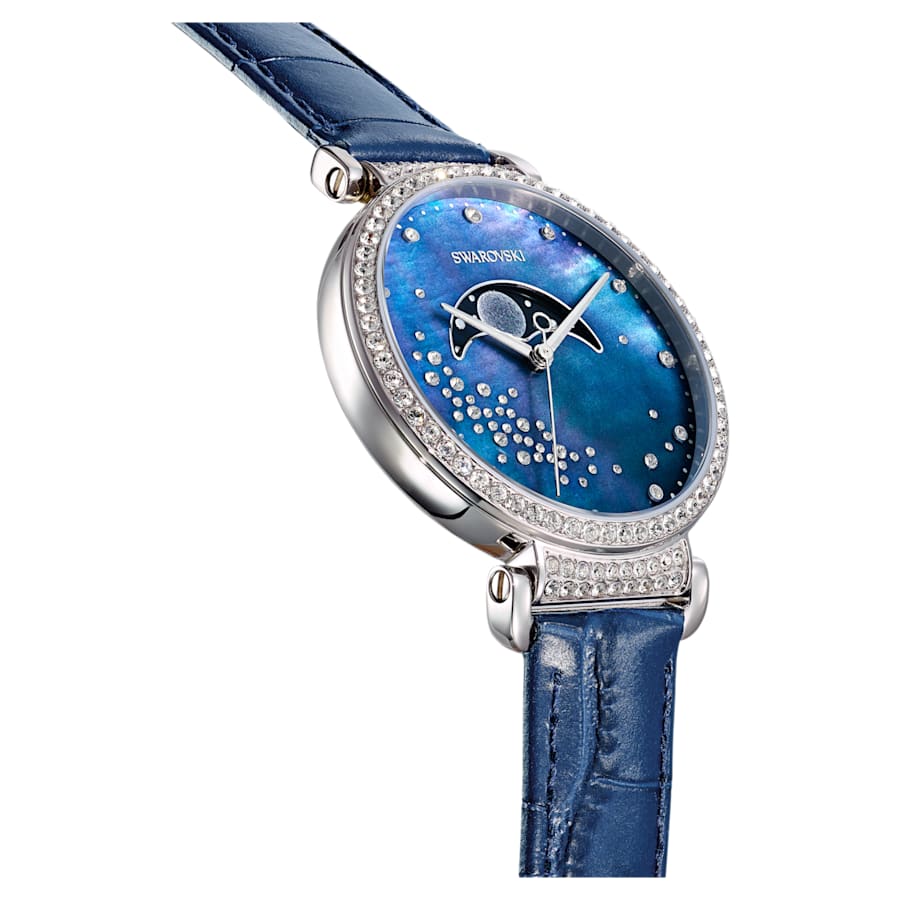 Swarovski Damen Armbanduhr Passage Moon Phase Uhr Schweizer Produktion, Mond, Lederarmband, Blau, Edelstahl 5615862