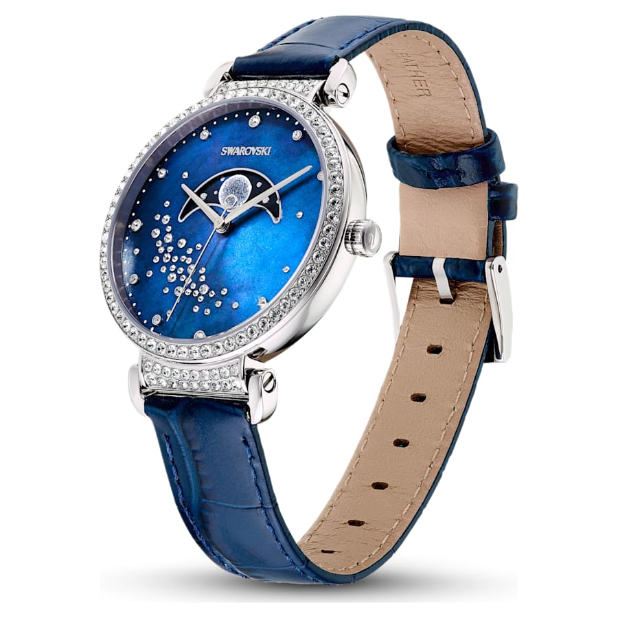 Swarovski Damen Armbanduhr Passage Moon Phase Uhr Schweizer Produktion, Mond, Lederarmband, Blau, Edelstahl 5615862