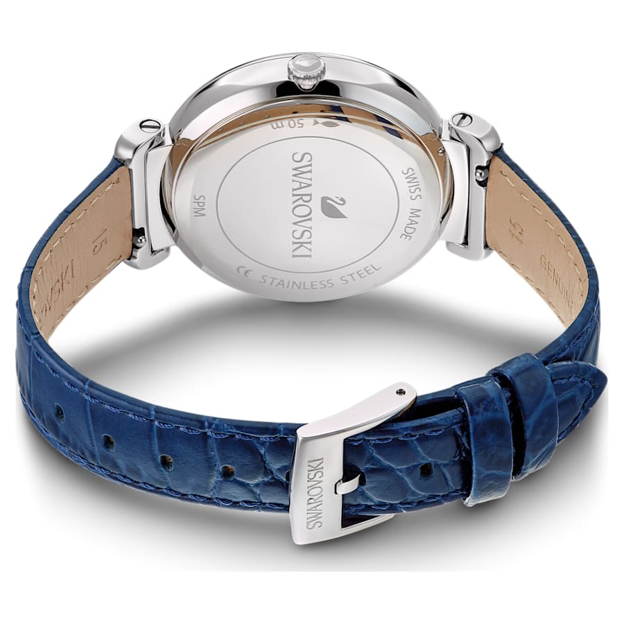 Swarovski Damen Armbanduhr Passage Moon Phase Uhr Schweizer Produktion, Mond, Lederarmband, Blau, Edelstahl 5615862