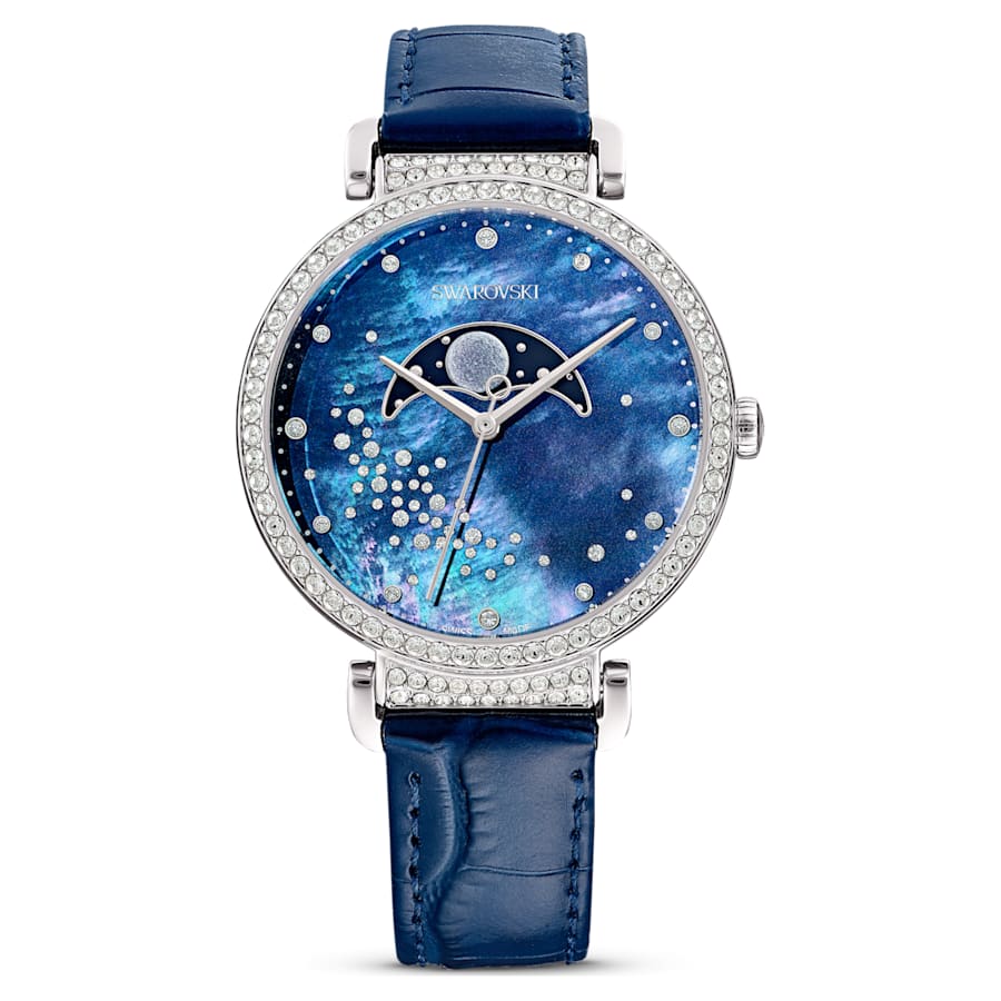 Swarovski Damen Armbanduhr Passage Moon Phase Uhr Schweizer Produktion, Mond, Lederarmband, Blau, Edelstahl 5615862