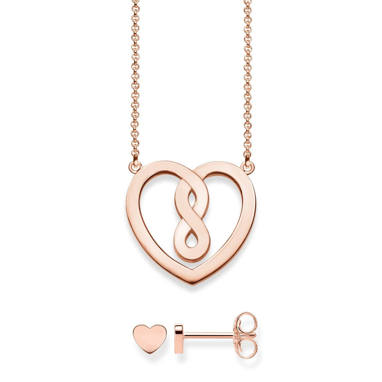 THOMAS SABO Damen-Halskette und Ohrringe Set - Herz & Unendlichkeit Motiv in 925 Sterling Silber mit 750 Roségold Vergoldung, 42 cm