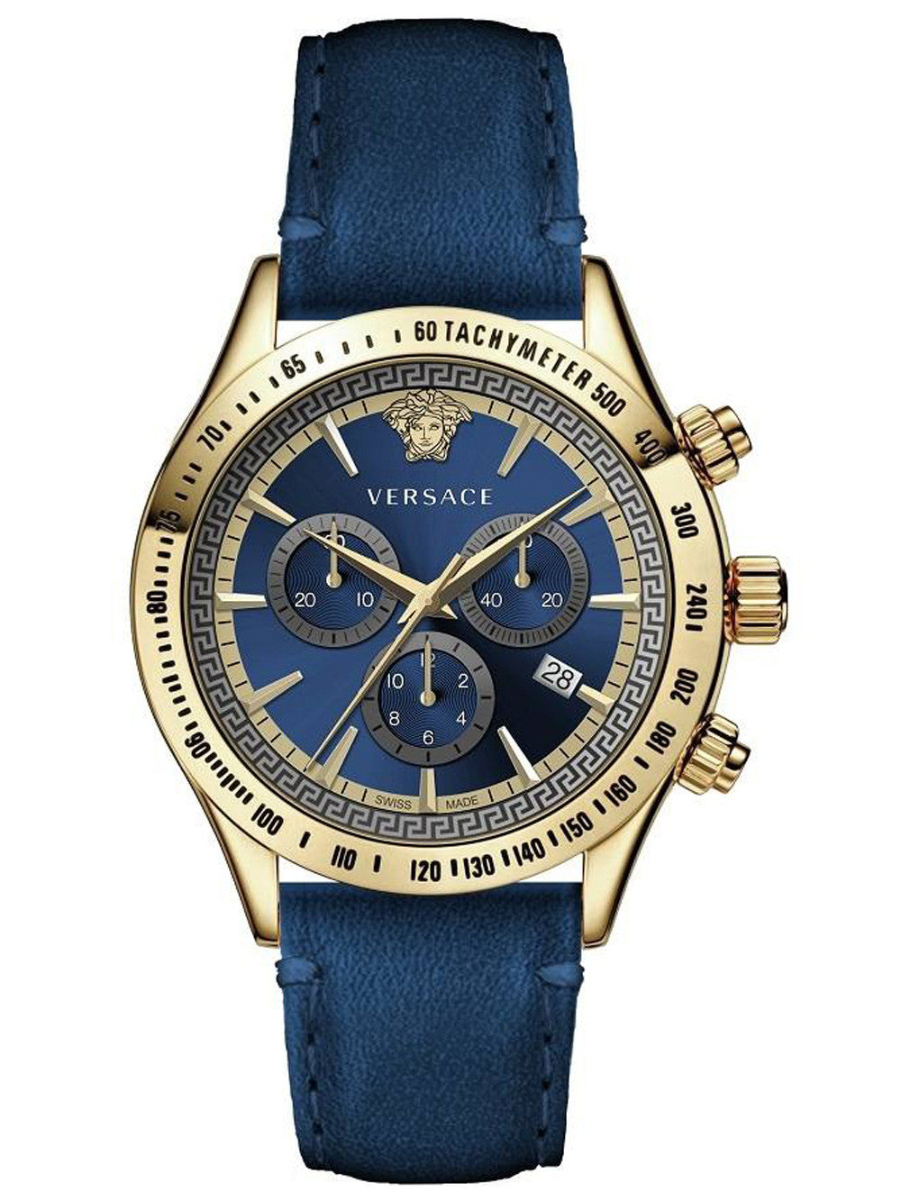 Versace Chrono Classic Herrenuhr Blau Leder Gold Stahlgehäuse 44mm VEV700319