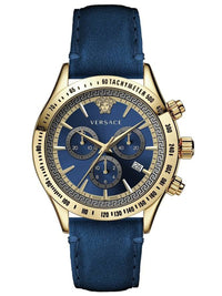 Thumbnail for Versace Chrono Classic Herrenuhr Blau Leder Gold Stahlgehäuse 44mm VEV700319