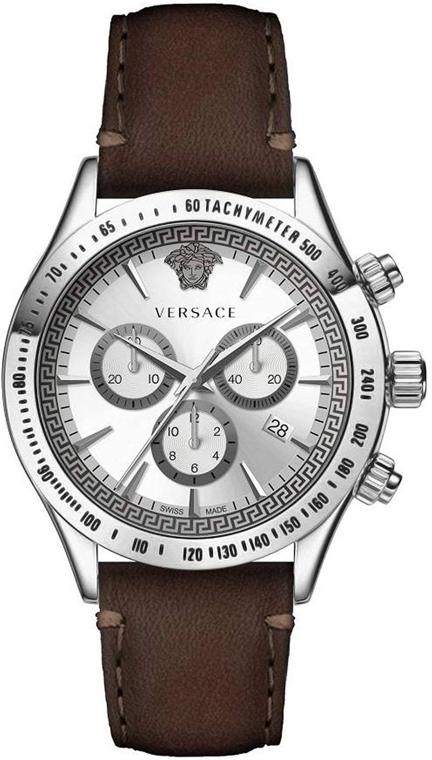 Versace Chrono Classic Herrenuhr Braunes Leder Silber Stahl 44mm VEV700119