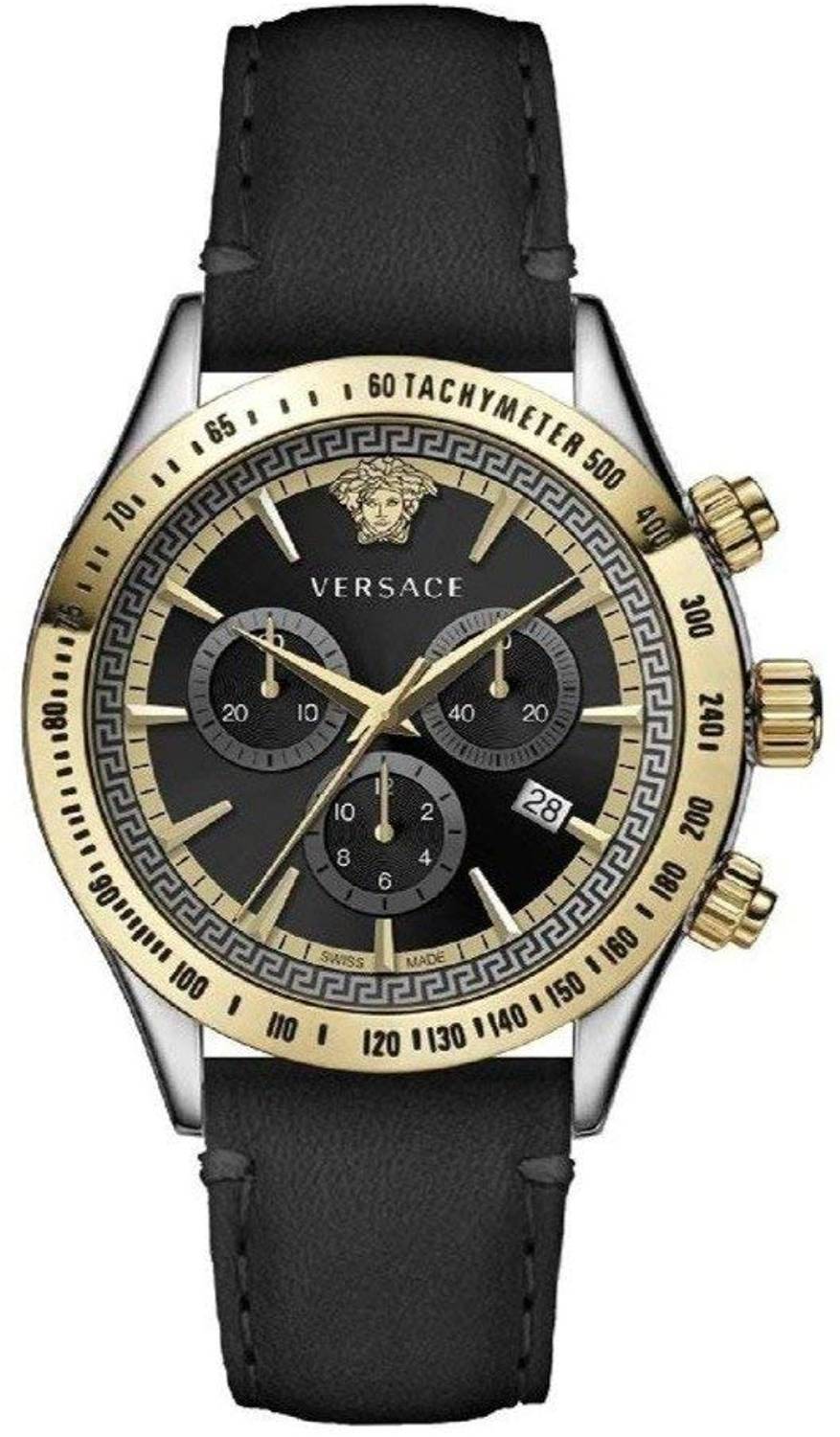 Versace Chrono Classic Uhr Schwarzes Leder Silber Gold Stahl 44mm VEV700219