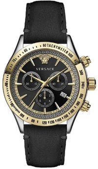 Thumbnail for Versace Chrono Classic Uhr Schwarzes Leder Silber Gold Stahl 44mm VEV700219