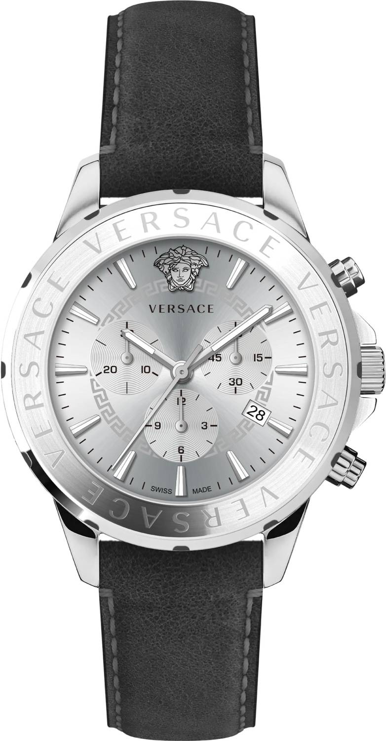 Versace Chrono Signature Herrenuhr Graues Leder Silber Stahl 44mm VEV600119