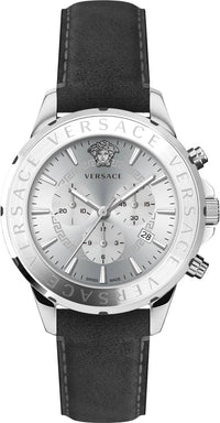 Thumbnail for Versace Chrono Signature Herrenuhr Graues Leder Silber Stahl 44mm VEV600119