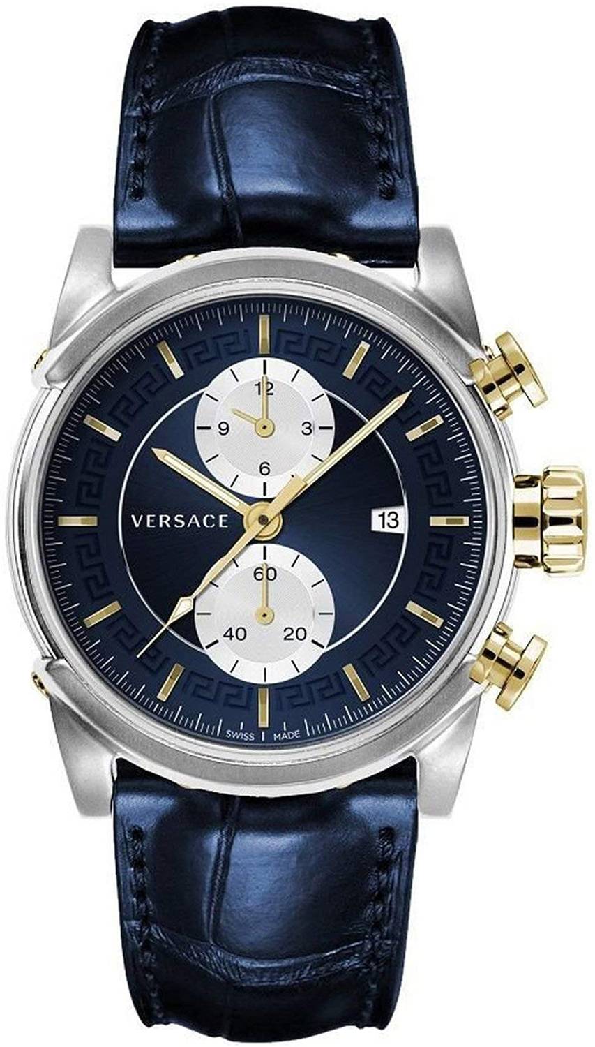 Versace Chrono Urban Herrenuhr Armbanduhr Blau Leder Silber Stahlgehäuse 44mm VEV400219