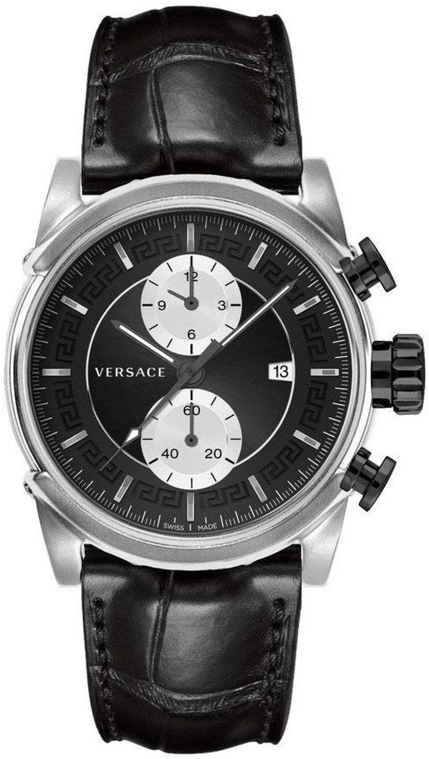 Versace Chrono Urban Herrenuhr Schwarzes Leder Silber Stahlgehäuse 44mm VEV400119