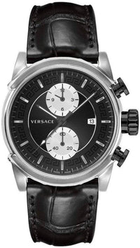 Thumbnail for Versace Chrono Urban Herrenuhr Schwarzes Leder Silber Stahlgehäuse 44mm VEV400119