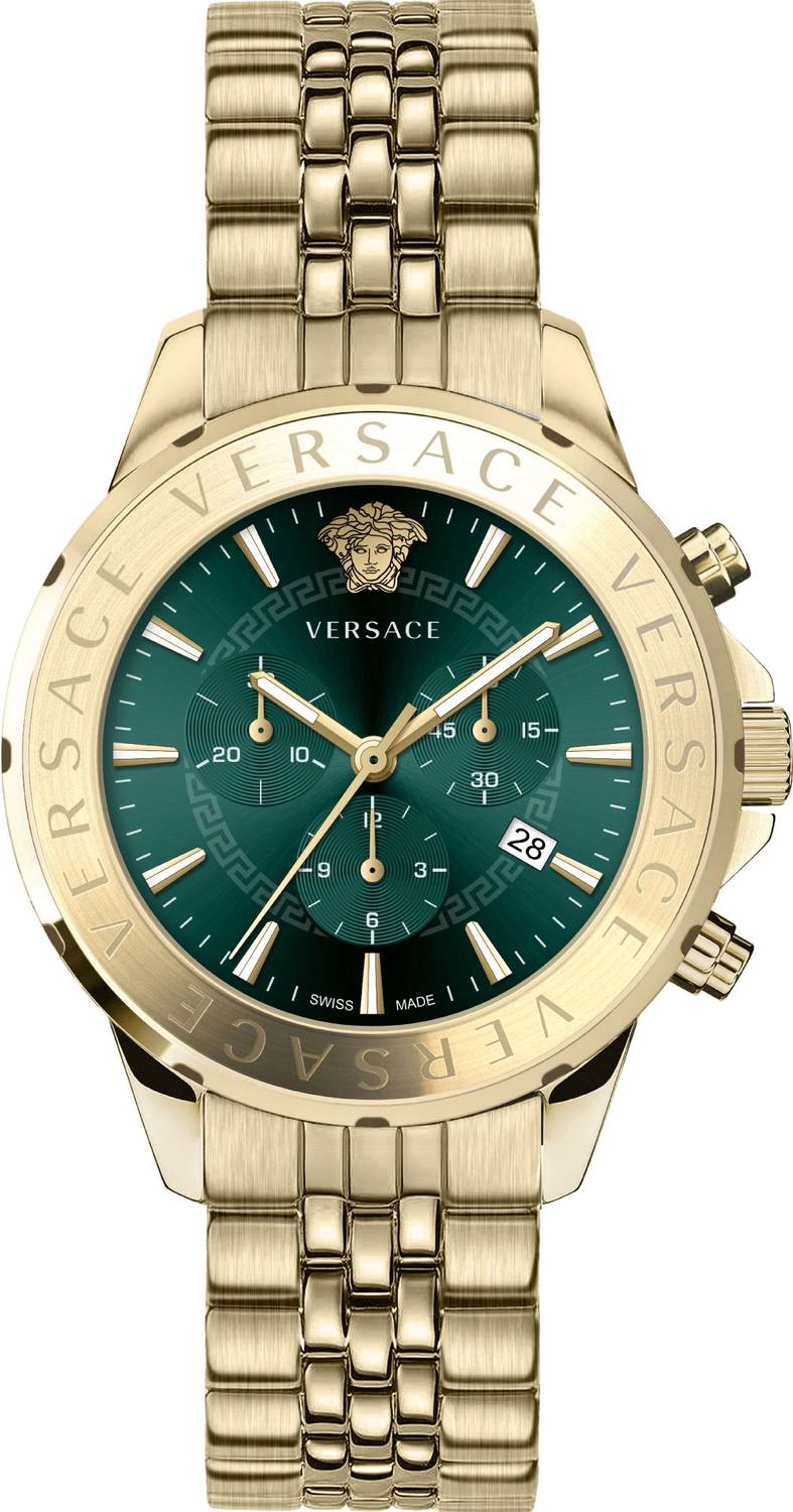 Versace Chronograph Signature Herrenuhr Gold Stahl Grün Zifferblatt 44mm VEV600619