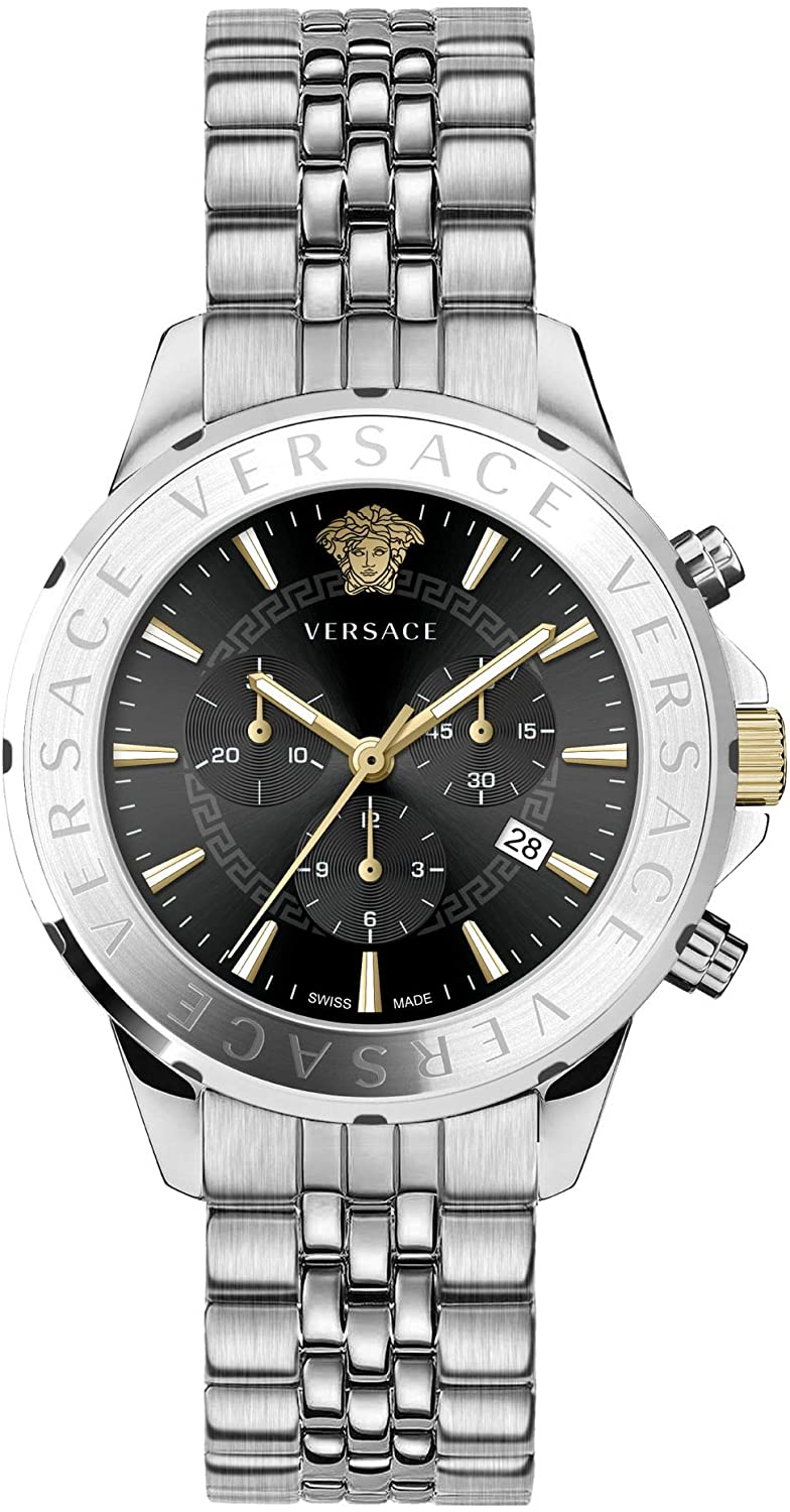 Versace Chronograph Signature Herrenuhr Silber Stahl Schwarz Zifferblatt 44mm VEV600419