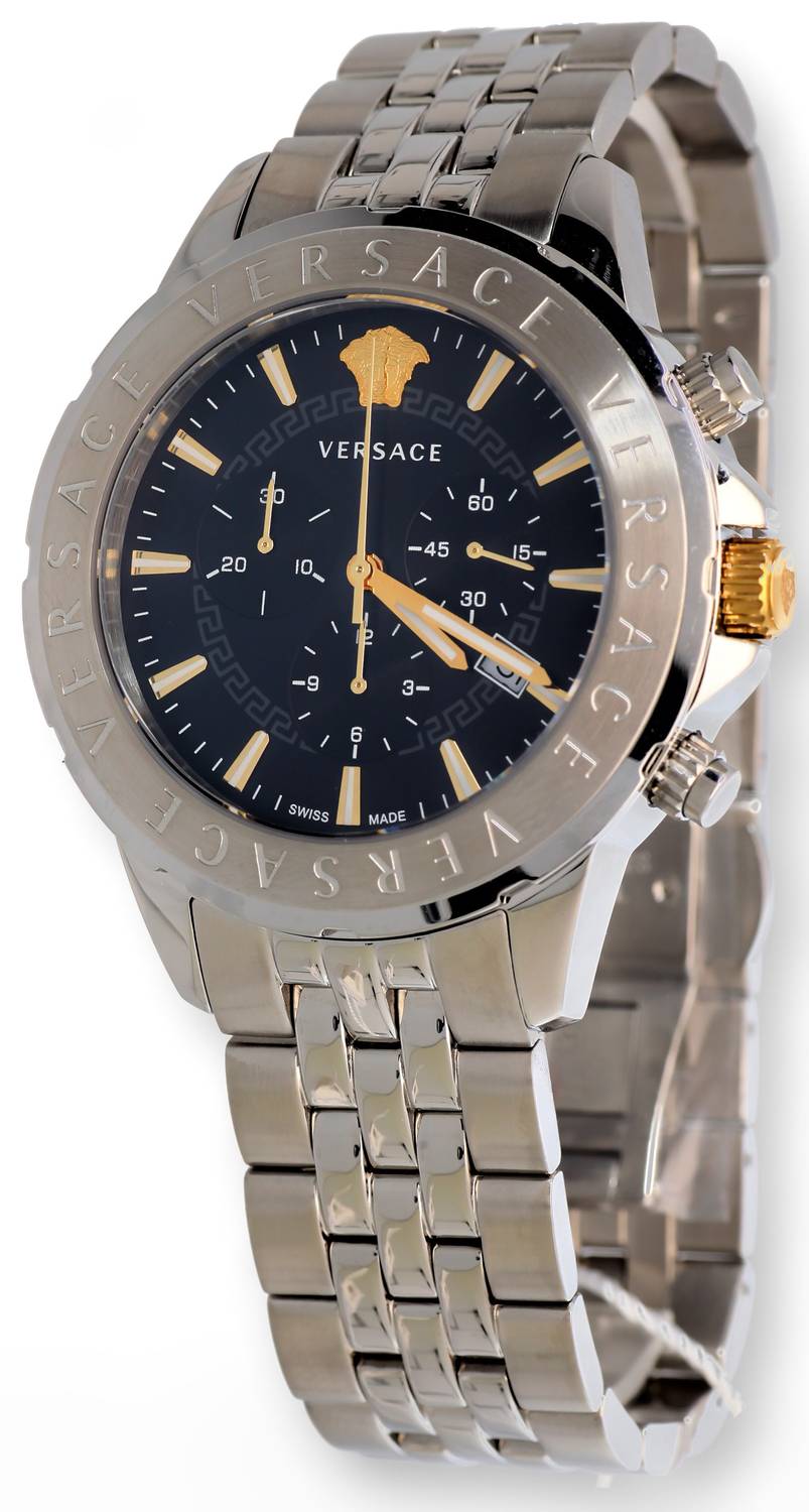 Versace Chronograph Signature Herrenuhr Silber Stahl Schwarz Zifferblatt 44mm VVEV6015 23