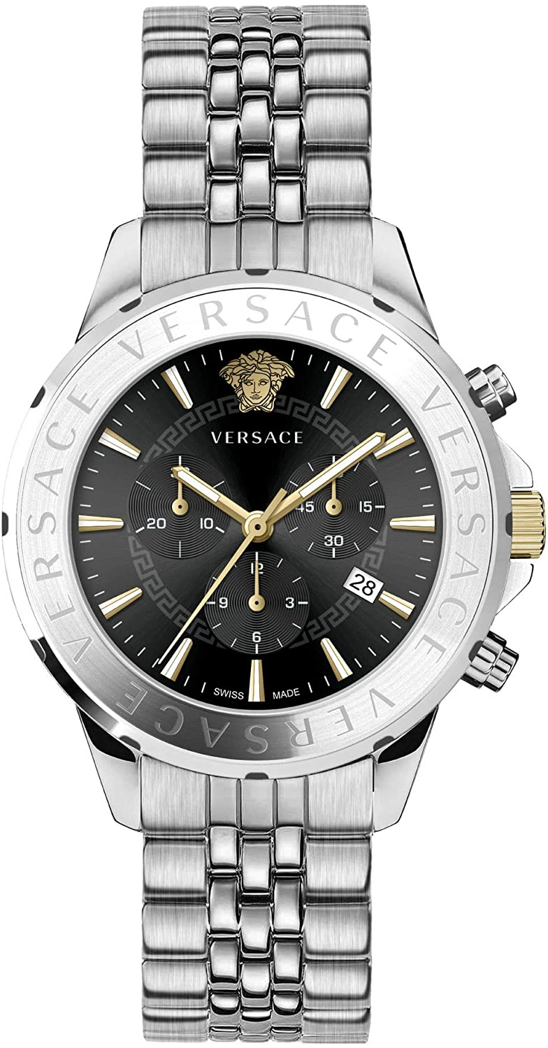 Versace Chronograph Signature Herrenuhr Silber Stahl Schwarz Zifferblatt 44mm VVEV6015 23