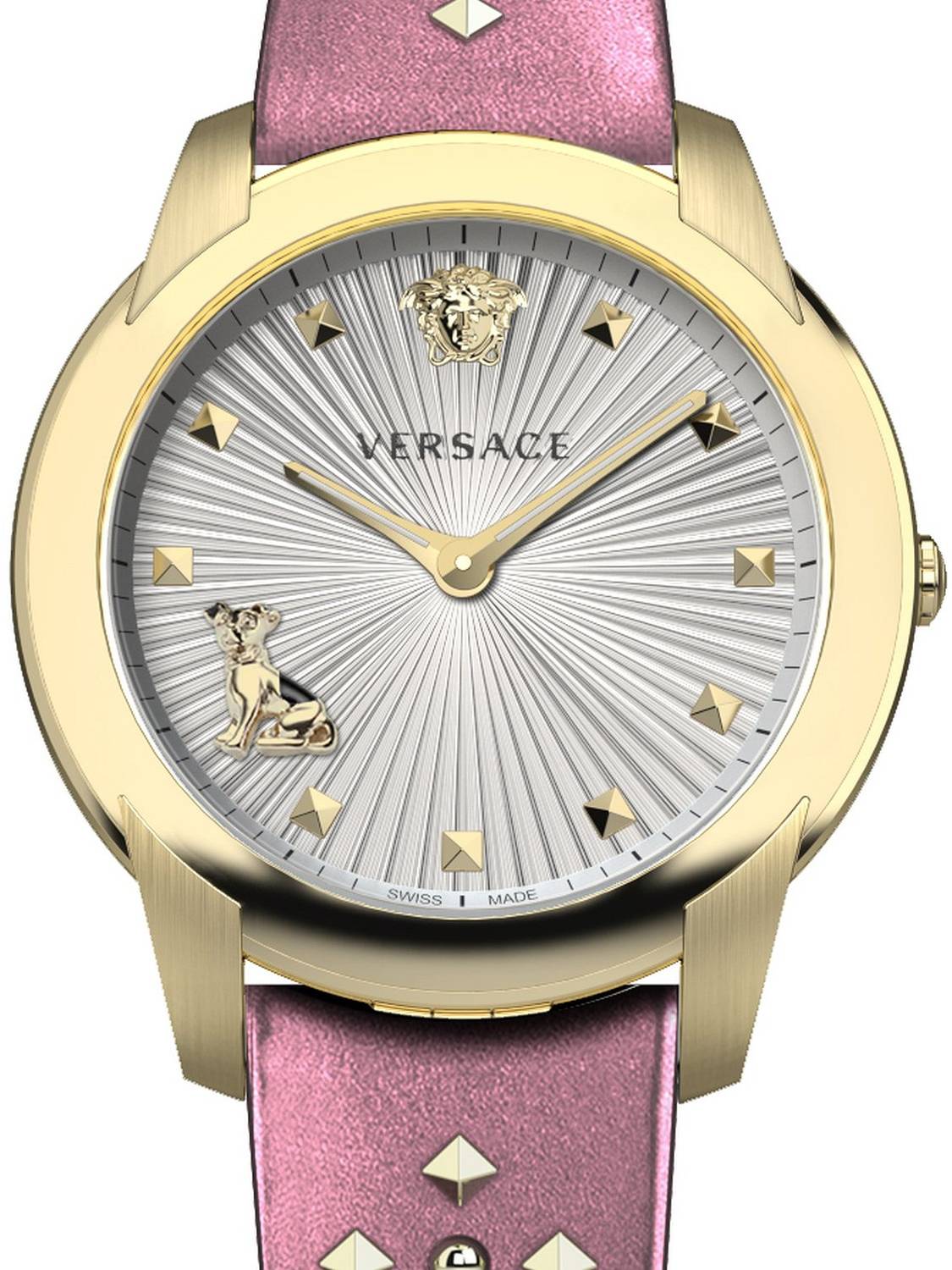 Versace Damen Armbanduhr  Audrey 38 mm goldfarbenene Nieten am Armband Armband Leder VELR01219