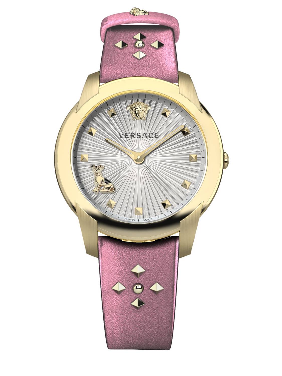 Versace Damen Armbanduhr  Audrey 38 mm goldfarbenene Nieten am Armband Armband Leder VELR01219