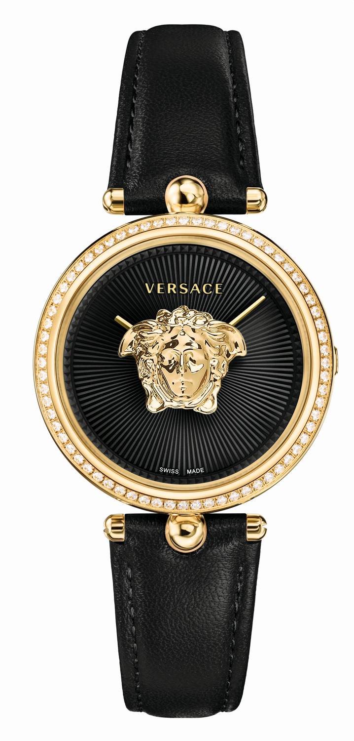 Versace Damenuhr Palazzo Empire Schwarz Leder Gold 68 Diamonds 34mm VECQ00818