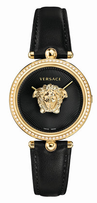 Thumbnail for Versace Damenuhr Palazzo Empire Schwarz Leder Gold 68 Diamonds 34mm VECQ00818