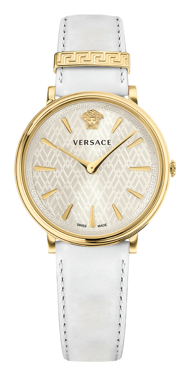 Versace V Circle Damenuhr Weißes Zifferblatt Leder Gold Stahl 38mm VE8100319