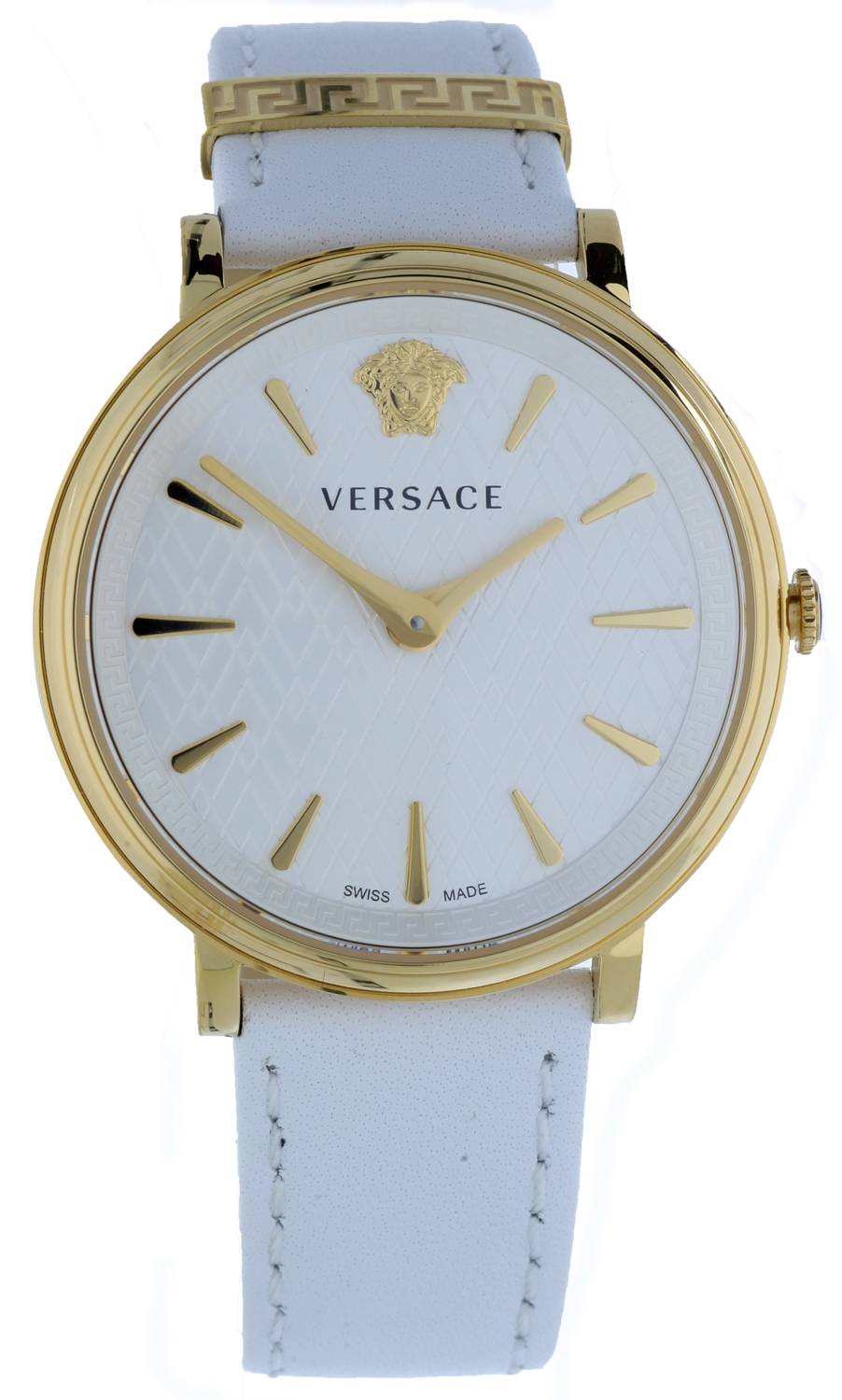 Versace V Circle Damenuhr Weißes Zifferblatt Leder Gold Stahl 38mm VE8100319