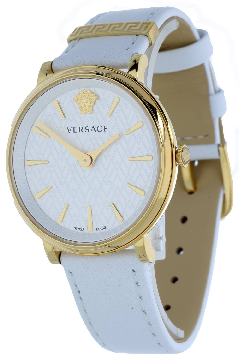 Versace V Circle Damenuhr Weißes Zifferblatt Leder Gold Stahl 38mm VE8100319