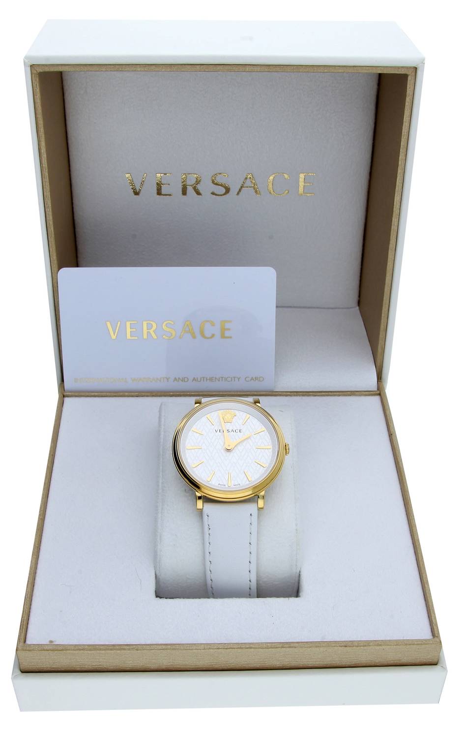 Versace V Circle Damenuhr Weißes Zifferblatt Leder Gold Stahl 38mm VE8100319