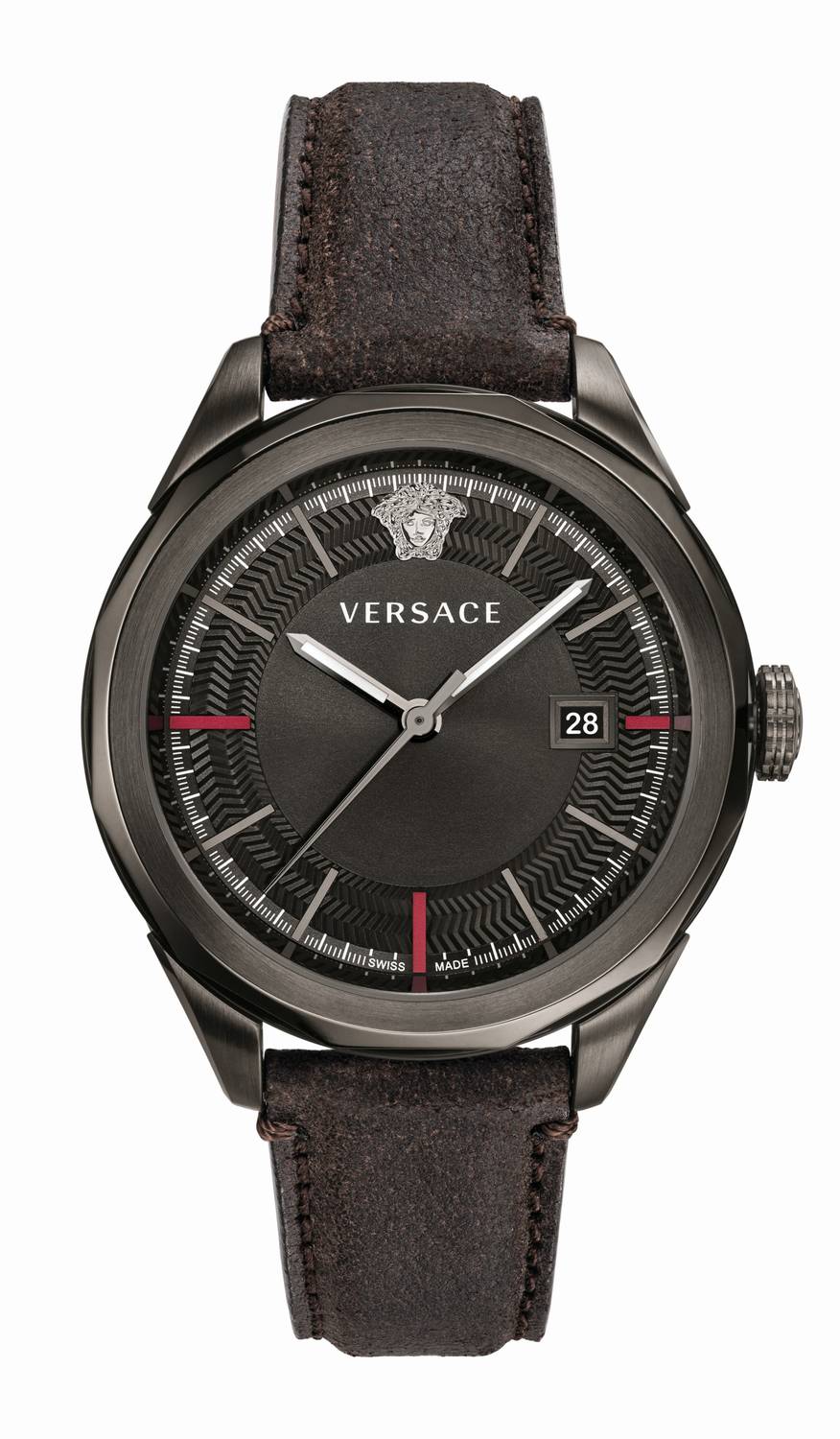 Versace Glaze Herrenuhr Dunkelgrau Braun Leder Silber Stahl 43mm VERA00418