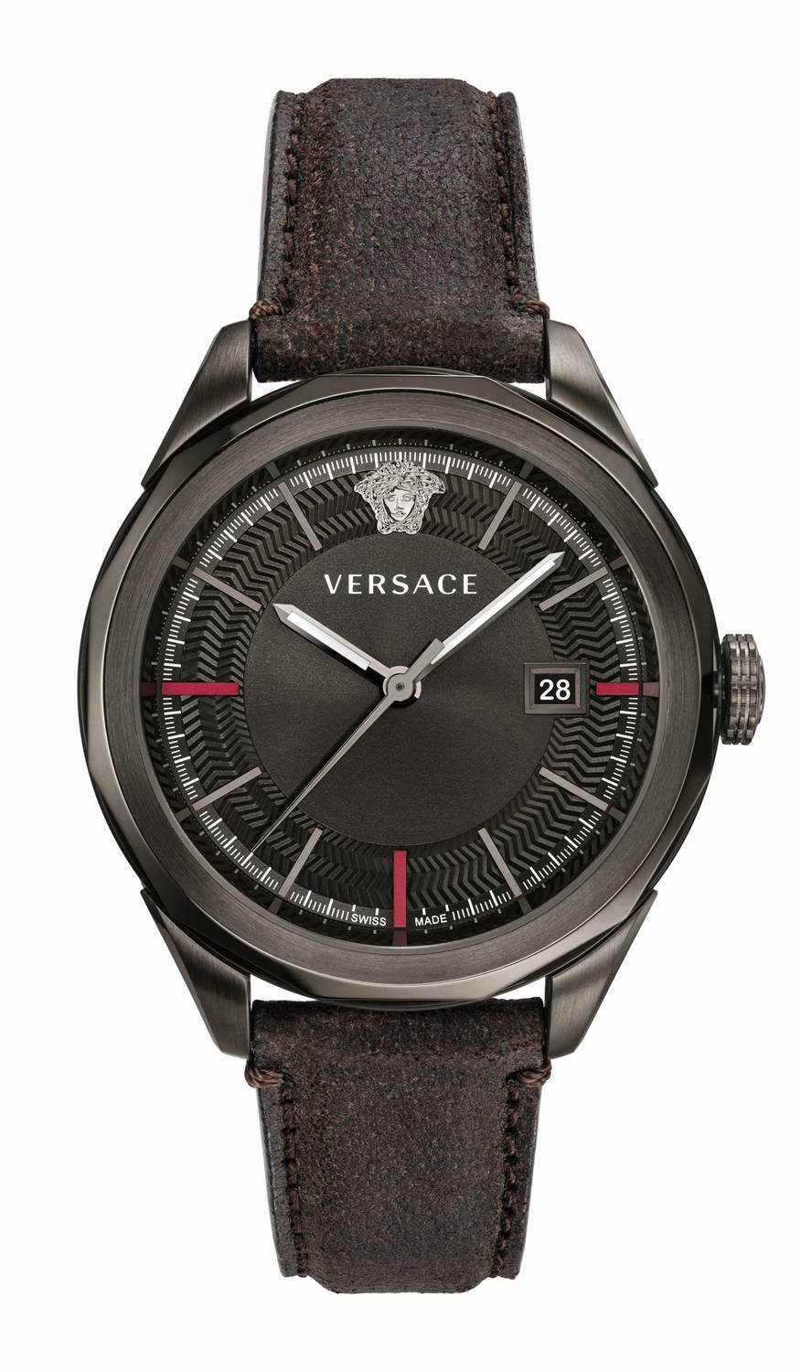 Versace Glaze Herrenuhr Dunkelgrau Braun Leder Silber Stahl 43mm VERA00418