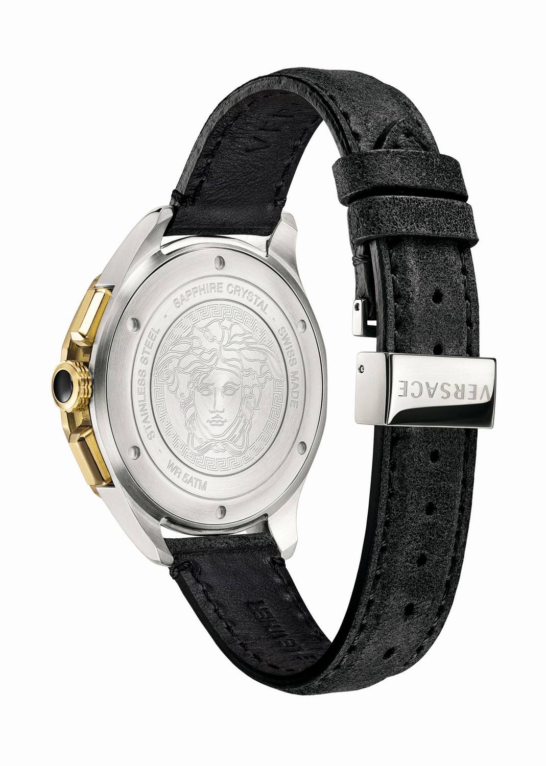 Versace Glaze Herrenuhr Schwarz Leder Silber Gold Stahlgehäuse 44mm VEBJ00218