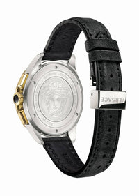 Thumbnail for Versace Glaze Herrenuhr Schwarz Leder Silber Gold Stahlgehäuse 44mm VEBJ00218