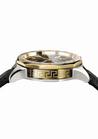 Thumbnail for Versace Glaze Herrenuhr Schwarz Leder Silber Gold Stahlgehäuse 44mm VEBJ00218