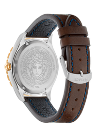 Thumbnail for Versace Hellenyium GMT Herrenuhr Braun Leder Gold Silber Edelstahlgehäuse Blaues Zifferblatt 42mm V11080017