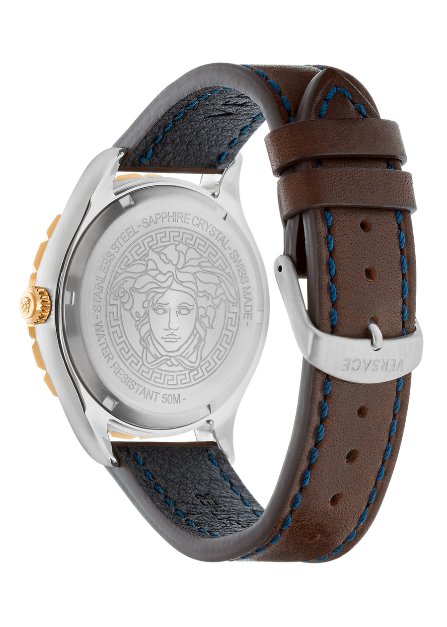 Versace Hellenyium GMT Herrenuhr Braun Leder Gold Silber Edelstahlgehäuse Blaues Zifferblatt 42mm V11080017