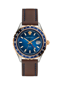 Thumbnail for Versace Hellenyium GMT Herrenuhr Braun Leder Gold Silber Edelstahlgehäuse Blaues Zifferblatt 42mm V11080017